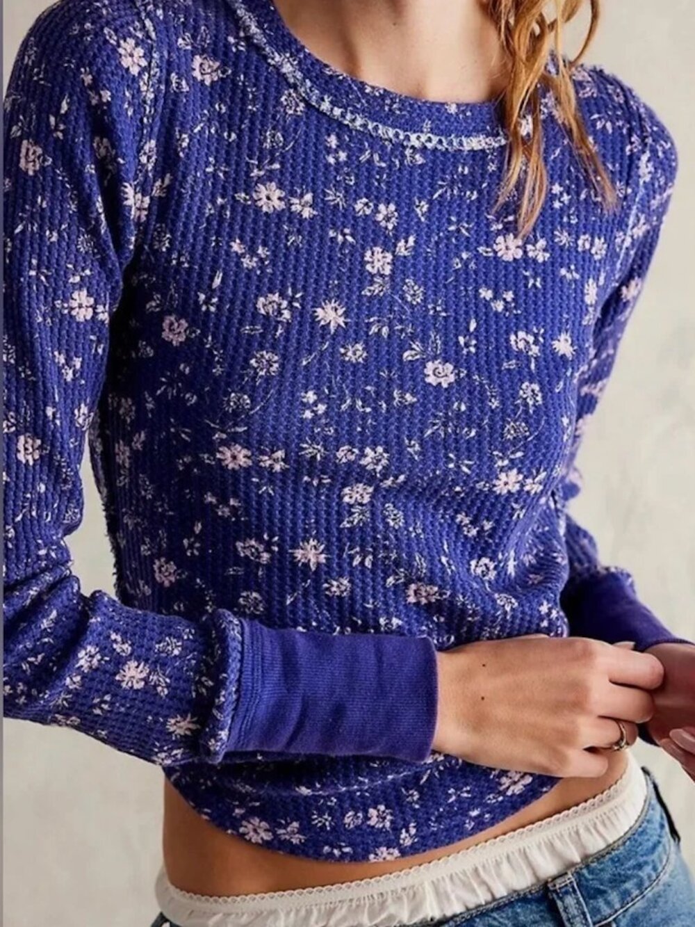 We The Free Dusty Blue/Grey Floral Waffle Knit Tee